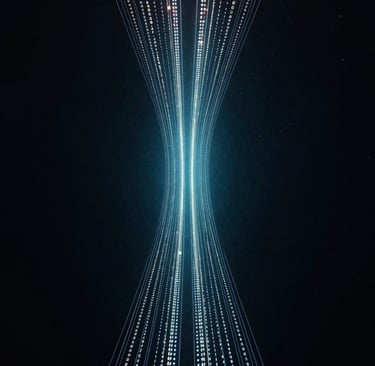 Digital binary code stream forming a glowing blue hourglass shape on a dark background for data technology concepts.