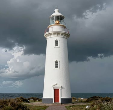 White coastal lighthouse with a red door stands against a dramatic dark storm cloud sky by the ocean.