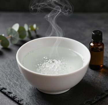Steam rising from a white bowl of hot water with essential oils and eucalyptus for facial steaming.