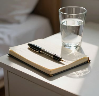 A classic fountain pen resting on an open journal next to a glass of water on a white nightstand.