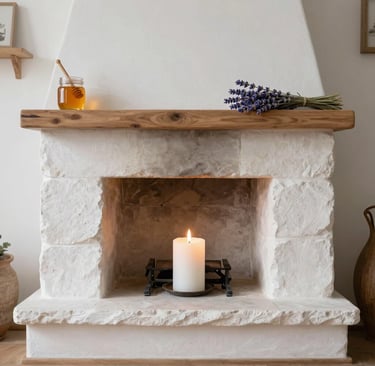 Rustic stone fireplace with a lit white pillar candle, wooden mantel, honey jar, and lavender bouquet.