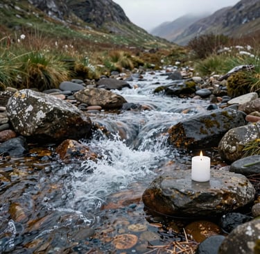 A lit white pillar candle sits on a wet rock beside a rushing mountain stream in a rocky valley.