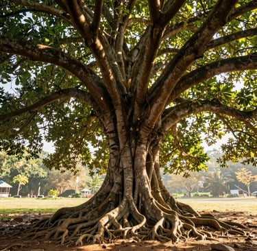 Massive banyan tree with thick spreading roots and a dense green canopy in a sunny public park.
