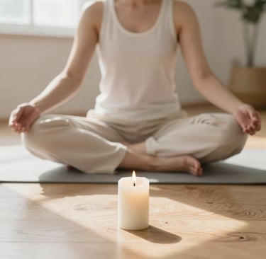 A person practicing mindfulness meditation on a yoga mat with a lit candle for relaxation.