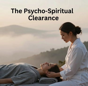 A woman receiving a psycho-spiritual clearance massage therapy session in a scenic mountain setting.