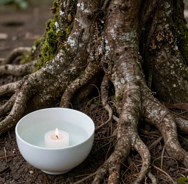 A white floating candle burning in a water-filled bowl at the mossy base of an ancient tree.