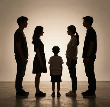 Silhouette of a family of five standing in a studio with a bright backlight.