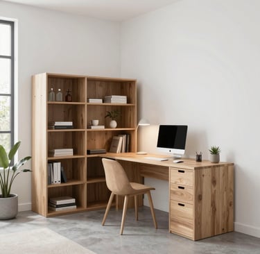 Modern wooden L-shaped corner desk with bookshelf and chair in a bright home office.