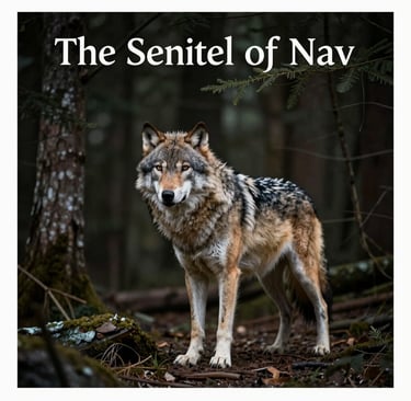 A majestic grey wolf standing in a dark forest setting with the text The Sentinel of Nav.