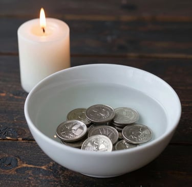 Silver coins submerged in a white bowl of water next to a lit candle for a ritual.