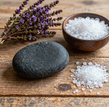 A relaxing spa set with a black massage stone, sea salt, and purple lavender on a rustic wooden table.