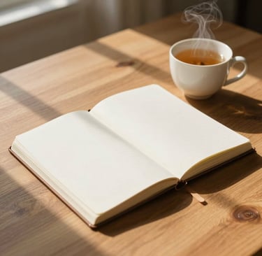 An open blank notebook and a steaming cup of tea on a wooden desk in sunlight.
