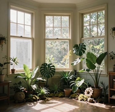 Sunlit indoor garden featuring monstera and tropical houseplants in a bright bay window corner.