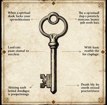 Vintage skeleton key illustration on aged parchment with cryptic fantasy diagrams and text.