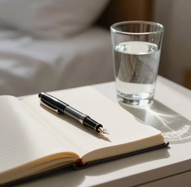 A black fountain pen on an open notebook next to a glass of water on a white bedside table.