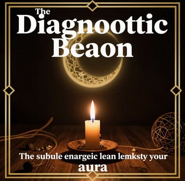A glowing candle and crescent moon illustration with spiritual aura text in a gold frame.