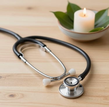 A black stethoscope on a wooden table next to a lit candle for holistic healthcare and wellness.