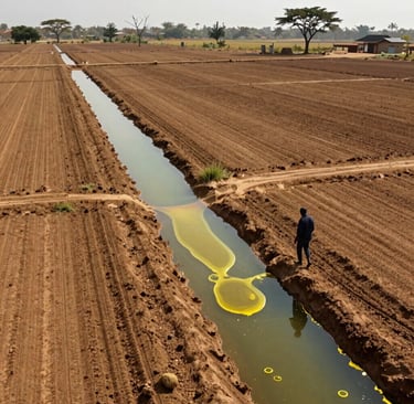 A man stands near an irrigation canal with yellow runoff flowing through a rural farm field.