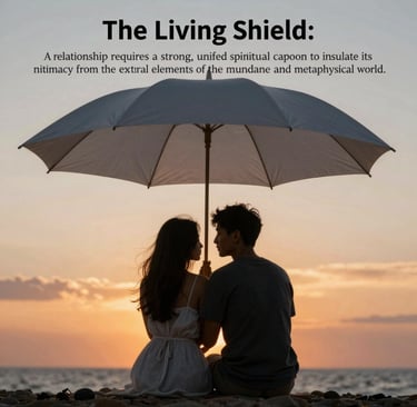 A couple sits under a large umbrella at sunset on a beach, representing a spiritual living shield.