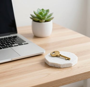 A vintage gold skeleton key rests on a white marble coaster on a modern wooden desk near a laptop.