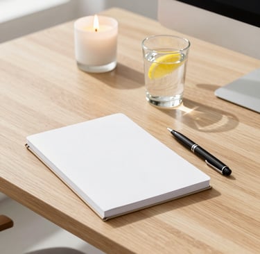 A blank notepad and pen on a wooden desk with a candle and lemon water.