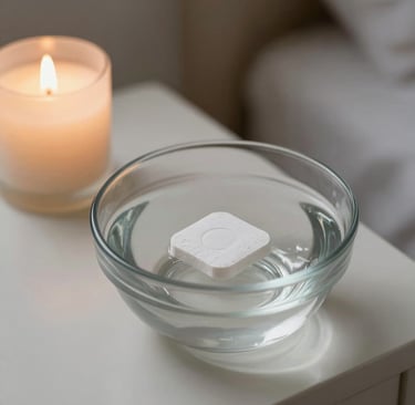 A white square aromatherapy shower steamer tablet floating in a clear glass bowl of water next to a candle.
