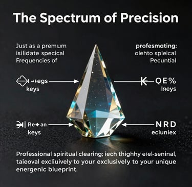 Diagram titled The Spectrum of Precision featuring a crystal prism and spiritual clearing text.