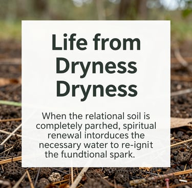 Spiritual renewal quote about life from dryness over a photo of parched forest ground and soil.