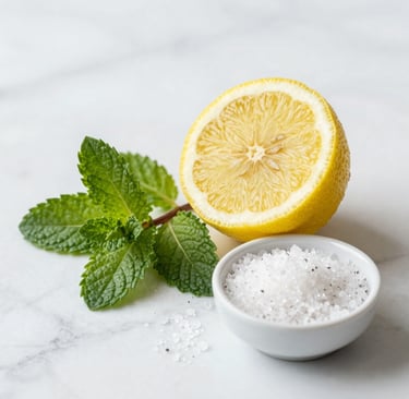 Fresh lemon half with green mint leaves and a small bowl of white sea salt on a marble surface.
