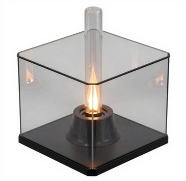 Modern square glass fire pit lantern with a central flame and minimalist black base for outdoor decor.