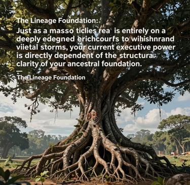 A large ancient tree with deep roots and a leadership quote from The Lineage Foundation.