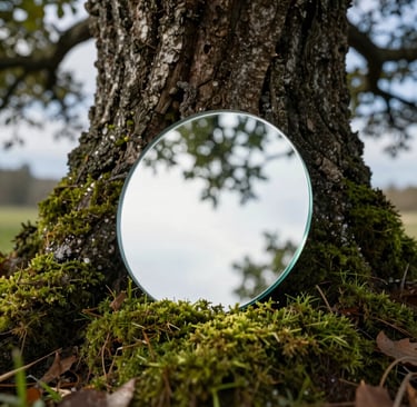 Round mirror reflecting tree leaves leaning against a mossy oak tree trunk in nature.