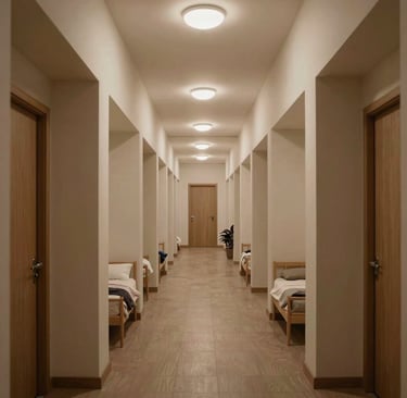 Modern minimalist dormitory hallway with wooden bunk beds in alcoves and neutral decor.