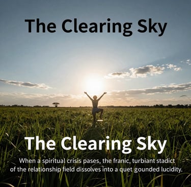 A person celebrating under the clearing sky in a lush green field, symbolizing spiritual growth and lucidity.