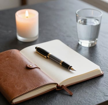 A fountain pen resting on an open leather journal next to a lit candle and a glass of water.