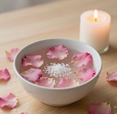 A relaxing spa bowl with pink rose petals and bath salts next to a lit white candle.