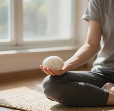 A person practicing mindful meditation holding a smooth white stone in their hand on a yoga mat.