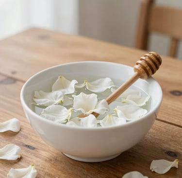 White rose petals floating in a bowl of water with a wooden honey dipper on a rustic table.