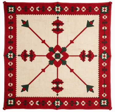 Handcrafted vintage quilt featuring red and green floral embroidery on a cream background.
