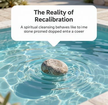 A smooth stone creates ripples in blue water with a spiritual recalibration quote overlay.
