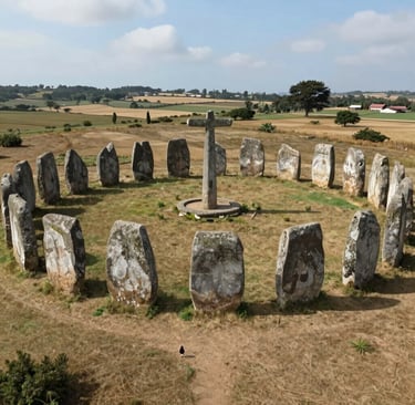 Ancient stone circle monument with a central stone cross standing in a rural field under a blue sky.