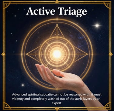 A hand cradling a glowing spiritual energy circle and geometric symbols for active triage and auric healing.