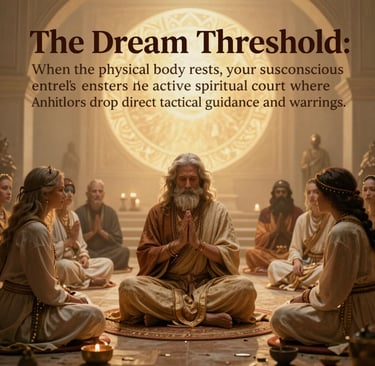 Spiritual meditation circle with a bearded elder guide leading a group session in a mystical dream threshold court.