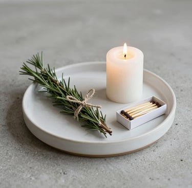 A lit white pillar candle on a ceramic tray with a bundle of fresh rosemary and a box of matches.