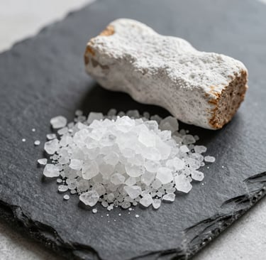 Coarse sea salt crystals piled on a black slate tray next to a natural sea sponge.