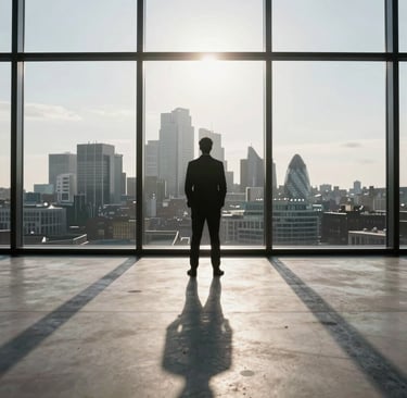 Silhouette of a businessman in a suit looking out a large window at the London city skyline during sunset.