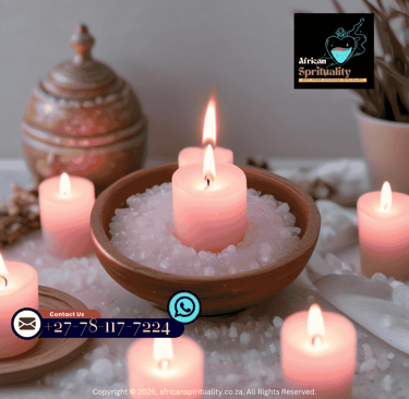 Glowing pink candles and ritual salt for African spirituality cleansing and healing ceremonies.