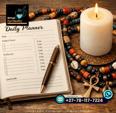 Spiral bound daily planner notebook with a pen next to a candle and colorful African beads.