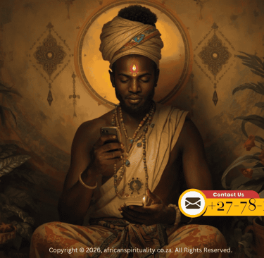 Spiritual African healer in traditional attire using a smartphone for modern ritual consultations.