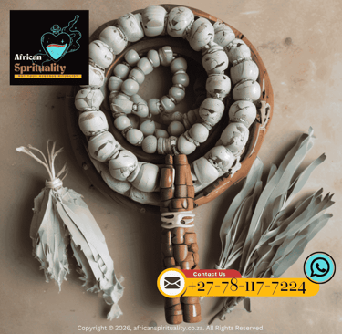 White African prayer beads and sage smudge sticks for spiritual cleansing rituals and healing.